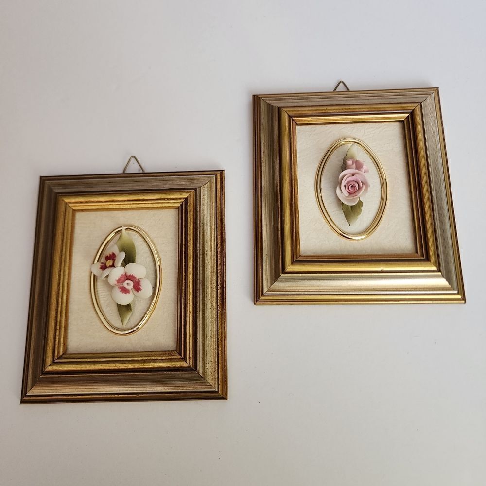 Set of 2 IBIS Capodimonte Porcelain Flower of The Month Framed Flowers